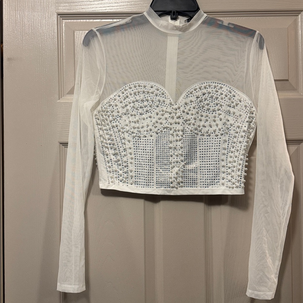 White Mesh Rhinestone Pearl Top